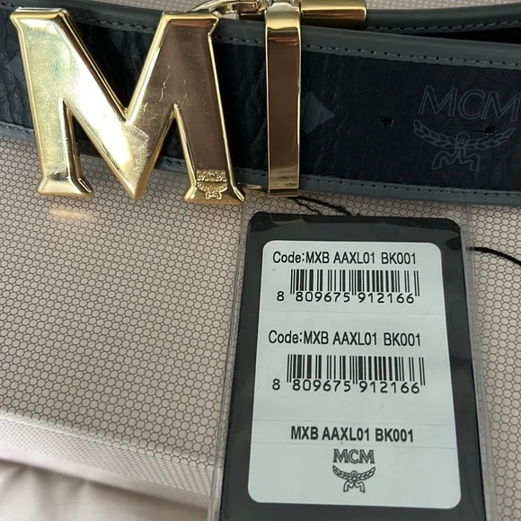 MCM wide leather belt w yellow gold M buckle - www 